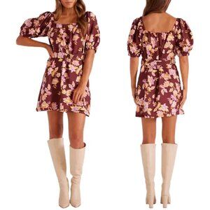 MINKPINK Giselle Belted Floral Mini Dress Women's Large Brown Puff Sleeve NWT